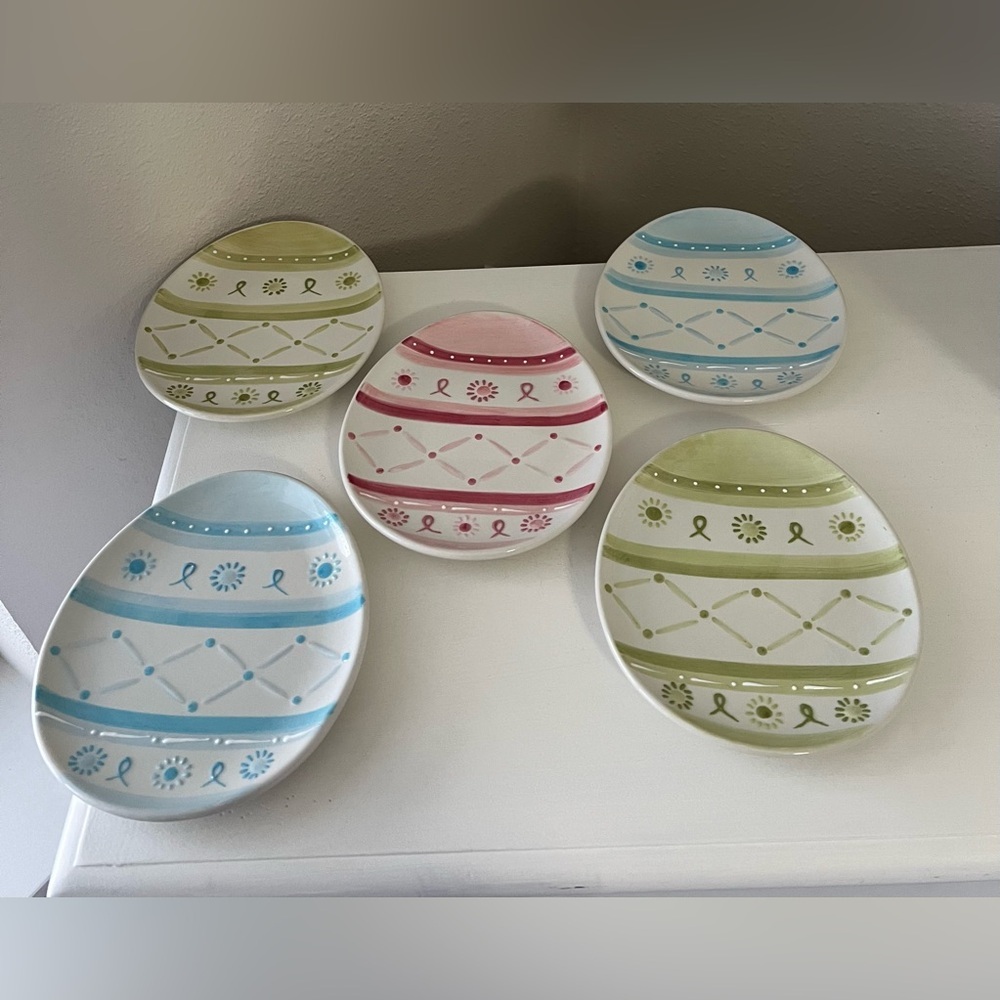 Pottery Barn | 5 PC Easter 8" Egg Plate Set Embossed Pink Blue Green | Dessert
